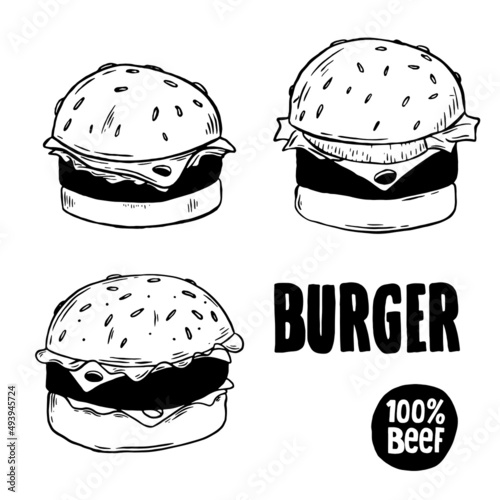 Doodle burger set, great delicious sandwich, vector illustration.