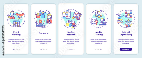 PR services for organizations onboarding mobile app screen. Relations walkthrough 5 steps graphic instructions pages with linear concepts. UI, UX, GUI template. Myriad Pro-Bold, Regular fonts used