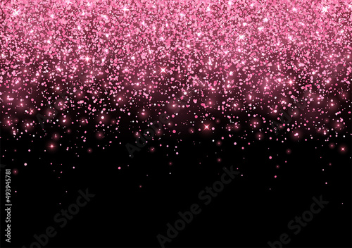 Hot pink sparkling glitter scattered on black background. Vector