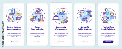 Types of PR firms onboarding mobile app screen. Public relations walkthrough 5 steps graphic instructions pages with linear concepts. UI, UX, GUI template. Myriad Pro-Bold, Regular fonts used