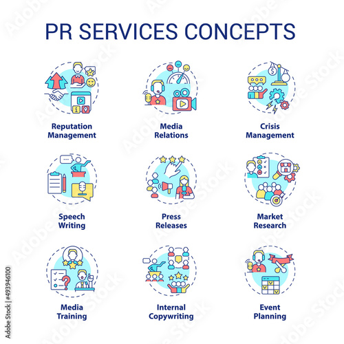 PR services concept icons set. Promotion strategy for business. Advertising agency idea thin line color illustrations. Isolated symbols. Editable stroke. Roboto-Medium, Myriad Pro-Bold fonts used © bsd studio