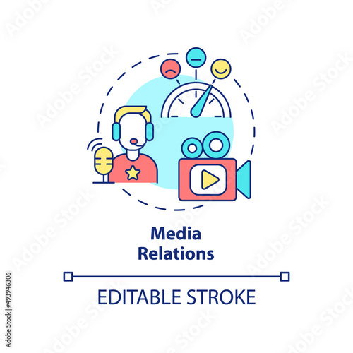 Media relations concept icon. Promoting organization mission. PR service abstract idea thin line illustration. Isolated outline drawing. Editable stroke. Arial, Myriad Pro-Bold fonts used