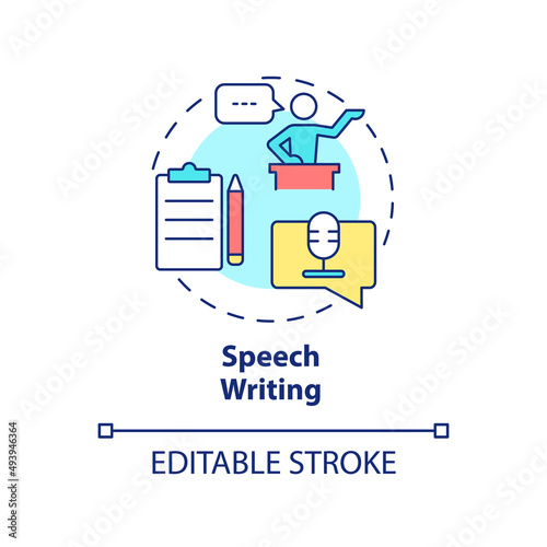 Speech writing concept icon. Public performance prepare. PR firm service abstract idea thin line illustration. Isolated outline drawing. Editable stroke. Arial, Myriad Pro-Bold fonts used