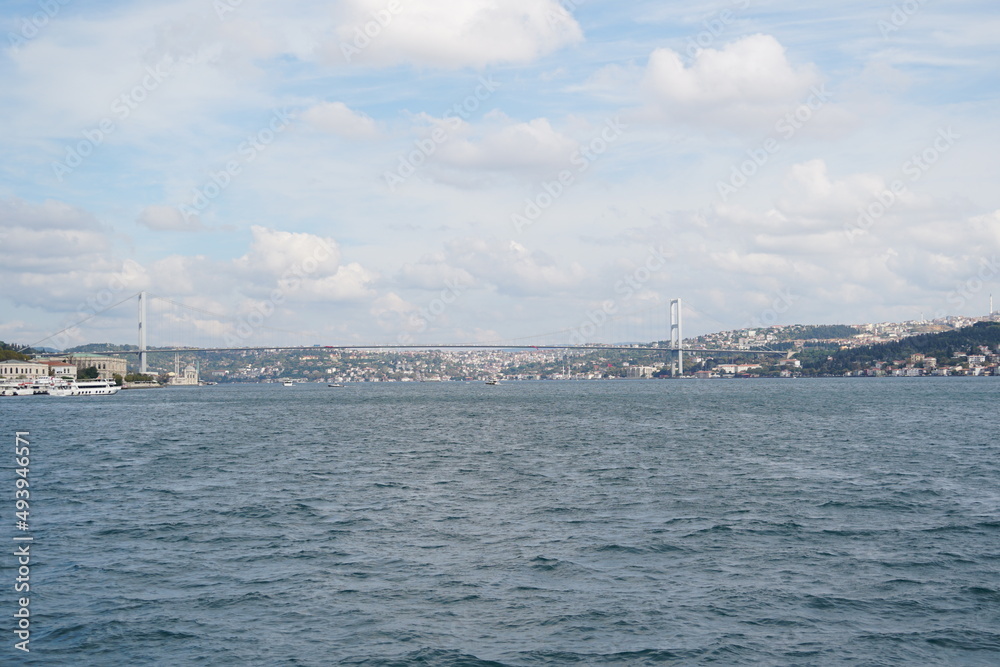 View from afar Fatih Sultan Mehmet Bridge Turkey Bosporus Strait
