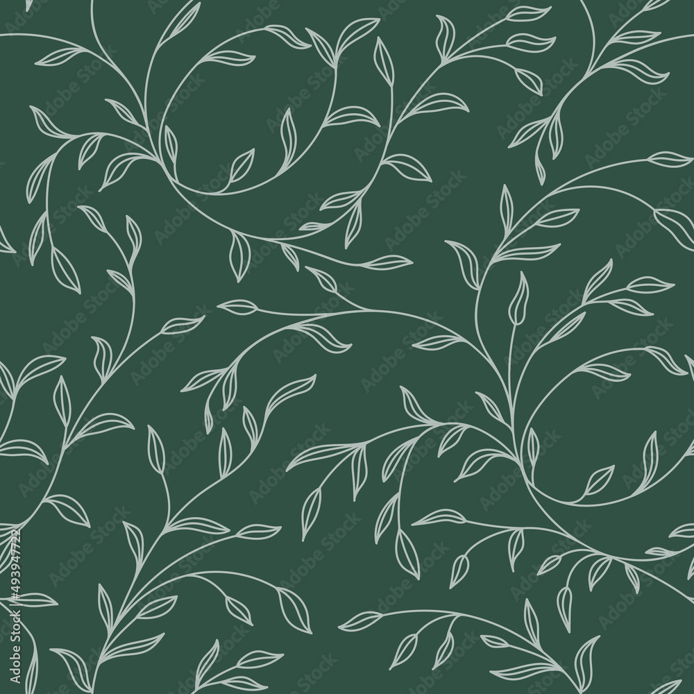 Fototapeta premium Nature green background vector. Floral pattern. light green curly branches with leaves on a dark background