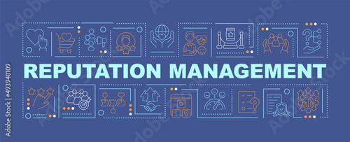 Firm reputation management word concepts blue banner. PR strategy. Infographics with icons on color background. Isolated typography. Vector illustration with text. Arial-Black font used