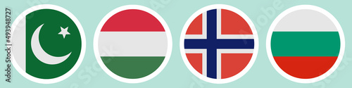 Flags of different countries. A set of stickers on a white backing. Collection of vector icons. Isolated background. Pakistan, Hungary, Norway, Bulgaria. National symbol of the state. Political themes