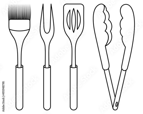 A set of barbecue tools. Sketch. Meat fork with two prongs, spatula, tongs and silicone brush. Vector illustration. Coloring. Tools for turning, moving, removing and greasing grilled food. 