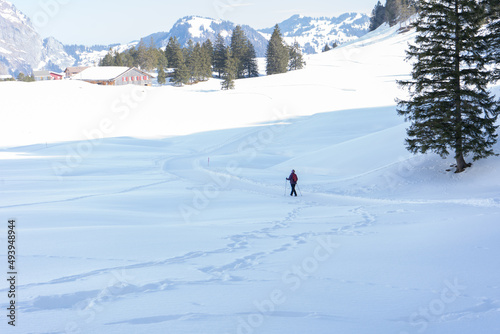 Flumserberg, Skiers, snowboarders, carvers, families all enjoy their time on the ski runs of winter sports resort located directly above Lake Walen. 65 km of perfectly groomed slopes invite you. photo