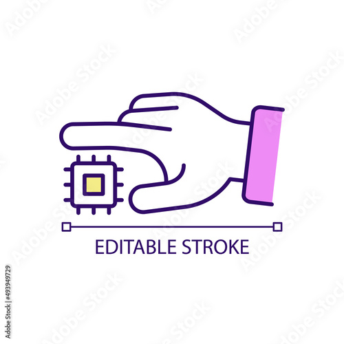 Modern technology usage RGB color icon. Hand with microchip. Hardware equipment for machines. Isolated vector illustration. Simple filled line drawing. Editable stroke. Arial font used