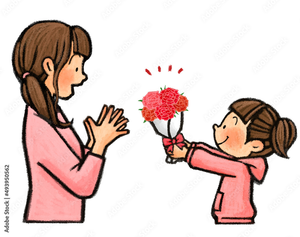 母の日　お母さんにカーネーションの花束をプレゼントする子供