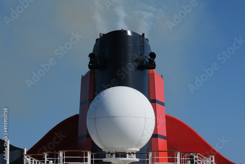 Canvas Print Red and black funnel of classic ocean liner cruise ship Cunard Queen Mary 2 QM2
