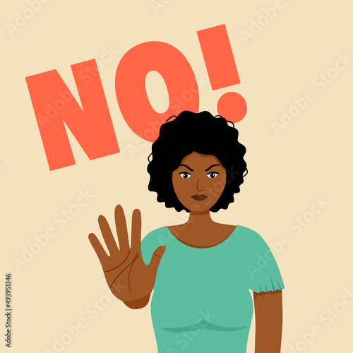 African woman with hand gesturing no or stop sign in flat design. No means no concept.