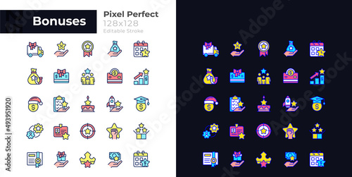 Bonuses pixel perfect light and dark theme color icons set. Special payment. Simple filled line drawings. Bright cliparts on white and black. Editable stroke. Montserrat Bold, Light fonts used