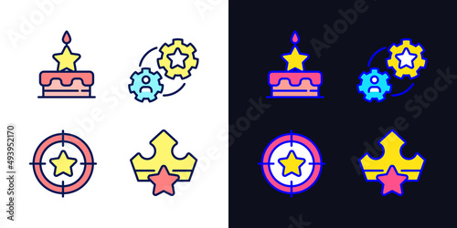 Rewarding loyal customers pixel perfect light and dark theme color icons set. Birthday bonus. Referral reward. Simple filled line drawings. Bright cliparts on white and black. Editable stroke