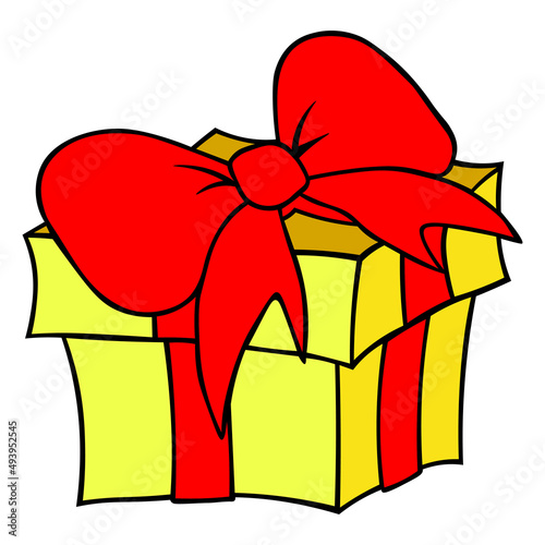 Present box with red ribbon bow wrapped cartoon illustration