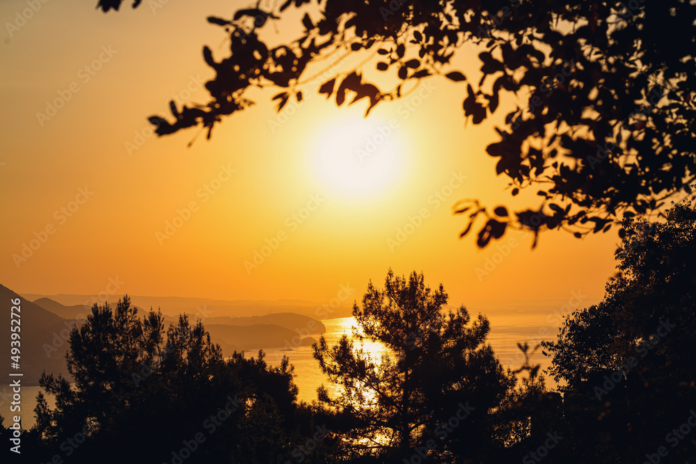 Obraz premium The sun sets on the horizon at sunset over the sea or ocean. Calm ocean sea waves. Natural sky in warm colors. Panoramic view,