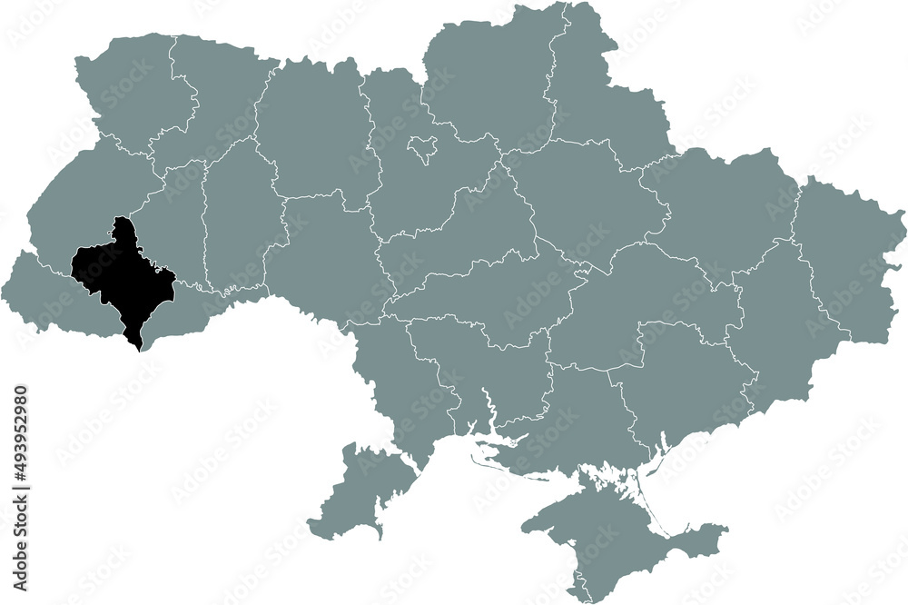 Black flat blank highlighted locator map of the Ukrainian administrative area of IVANO-FRANKIVSK OBLAST inside gray flat map of UKRAINE