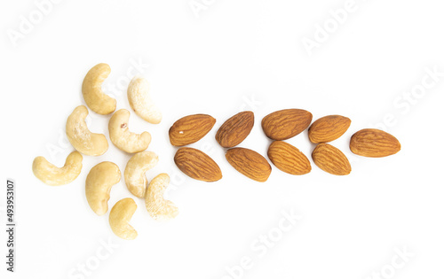 peanuts and almond nuts isolated on white background