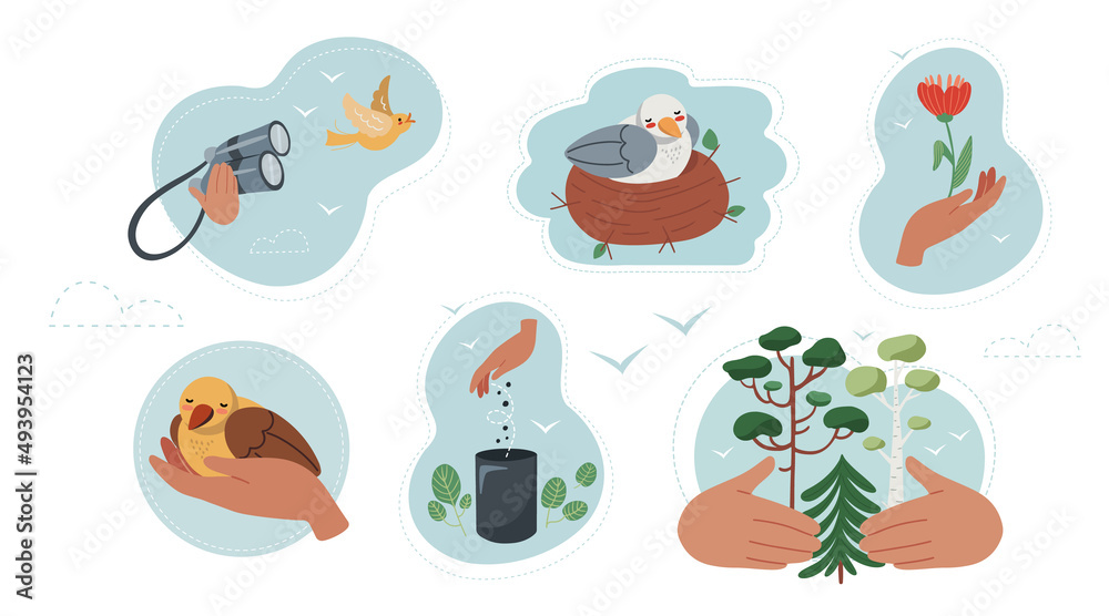 Hand drawn vector clipart about caring for nature and animals, concept of protecting the world and forests.