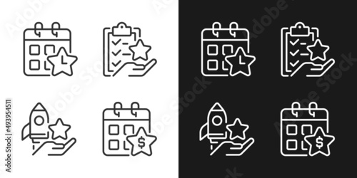 Employee bonus program pixel perfect linear icons set for dark, light mode. Workplace incentive. Time off reward. Thin line symbols for night, day theme. Isolated illustrations. Editable stroke