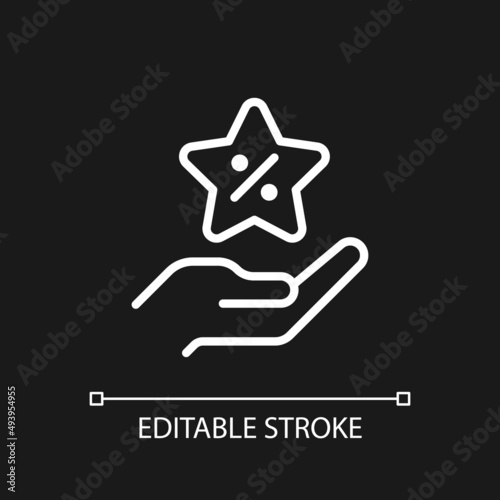 Bonus discount pixel perfect white linear icon for dark theme. Holiday specials. Price decreasing. Thin line illustration. Isolated symbol for night mode. Editable stroke. Arial font used