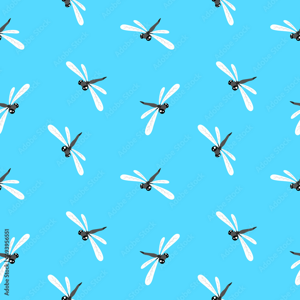 Dragonfly seamless pattern insect cartoon illustration on blue background Dragonfly seamless pattern insect cartoon illustration on blue background