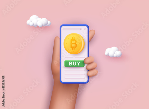 Trade Bitcoin (BTC) on mobile through the system Cryptocurrency. 3D Web Vector Illustrations.