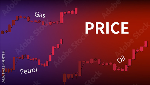 Graphs of rising price of gas, oil and gasoline in upward trend on red background. World crisis and collapse. Banner for news.