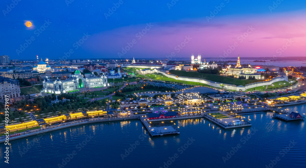 Panoramic aerial top view of Kazan Kremlin Kul Sharif mosque islam republic sunset, Tatarstan Russia