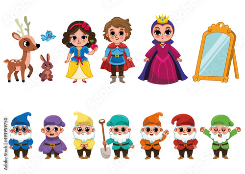 Photo Fairy tale character set with princess, prince, evil queen and seven dwarfs