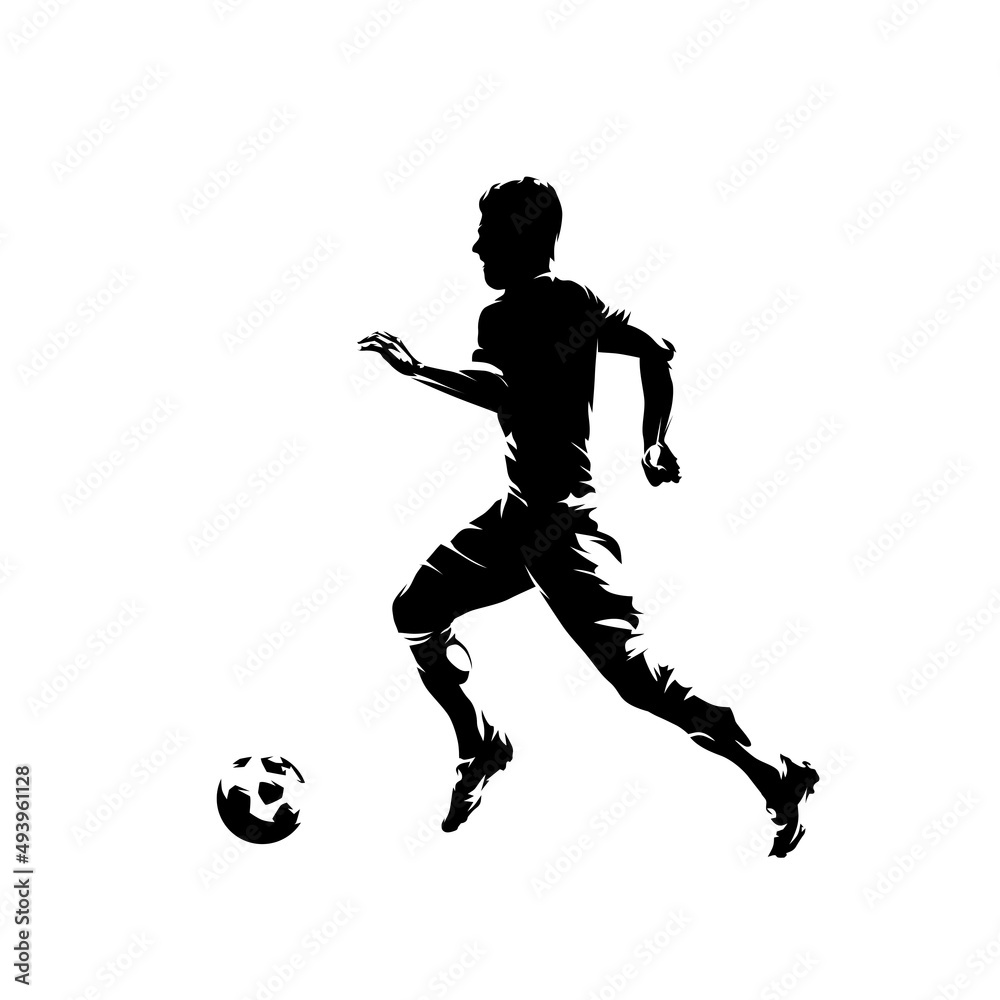 Football player running with ball, isolated vector silhouette, side view. Soccer, team sport athlete. Footballer logo