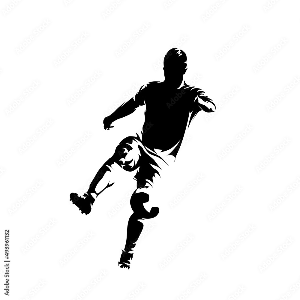 Football player with ball, isolated vector silhouette, front view. Soccer, team sport athlete