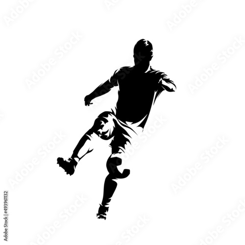 Football player with ball, isolated vector silhouette, front view. Soccer, team sport athlete
