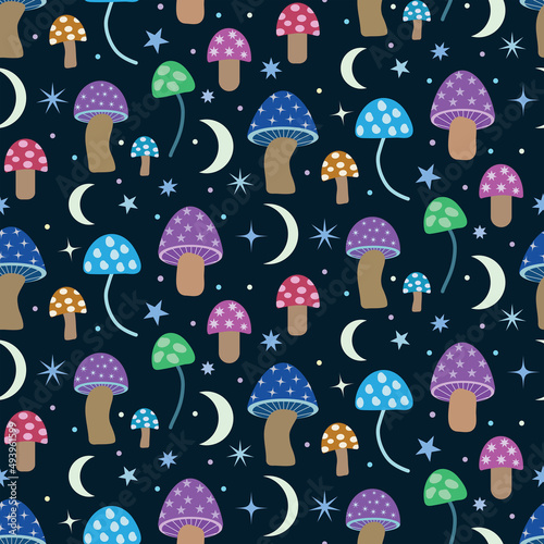 Magical space mushroom seamless pattern with moon and stars over dark blue background. Great for textile, wallpaper, wrapping paper and fabric 
