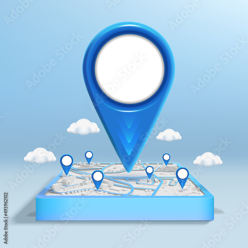Gps icon on the city map with pin location and cloud. 3D style illustration