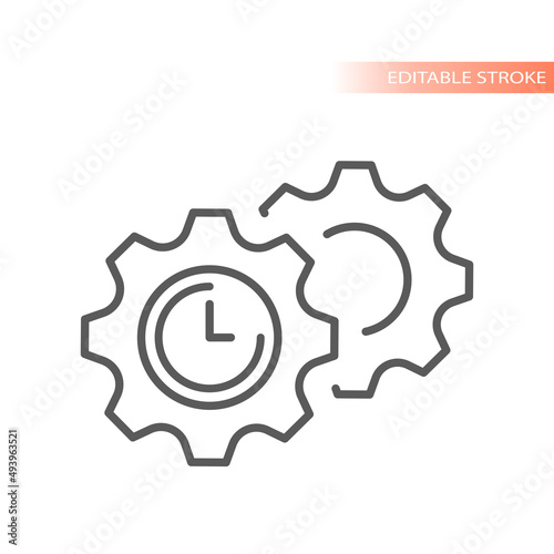 Gear or cogwheel and clock line vector icon. Settings outlined symbol.