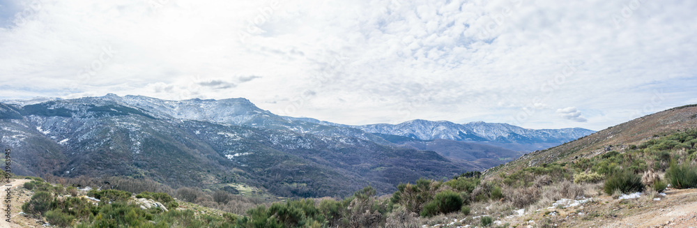 Panoramic view of the snowy mountains. Mountain landscape in Spain