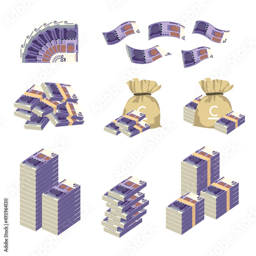 Kyrgyz som Vector Illustration. Huge packs of Kyrgyzstan money set bundle banknotes. Bundle with cash bills. Deposit, wealth, accumulation and inheritance. Falling money 500 c.