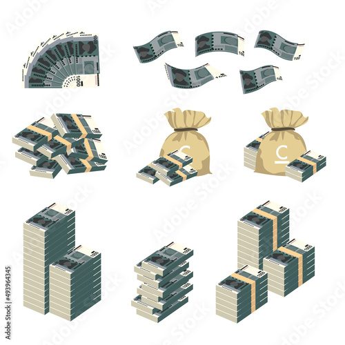 Kyrgyz som Vector Illustration. Huge packs of Kyrgyzstan money set bundle banknotes. Bundle with cash bills. Deposit, wealth, accumulation and inheritance. Falling money 1000 c.