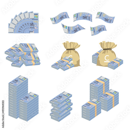Kyrgyz som Vector Illustration. Huge packs of Kyrgyzstan money set bundle banknotes. Bundle with cash bills. Deposit, wealth, accumulation and inheritance. Falling money 2000 c.