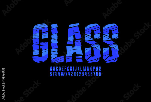 Cracked condensed font, narrow cutting alphabet made in glass style, destroyed letters and numbers, vector illustration 10EPS