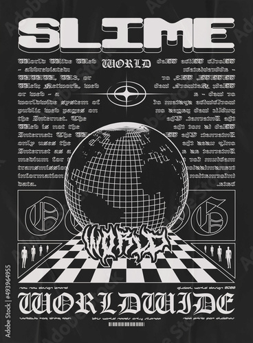 Modern poster in horror style with planet earth. Stylish print for streetwear, print for t-shirts and hoodies, isolated on black background