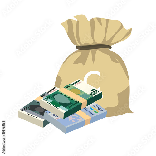 Kyrgyz som Vector Illustration. Kyrgyzstan money set bundle banknotes. Money bag 500, 1000, 2000, 5000 som. Flat style. Isolated on white background. Simple minimal design.