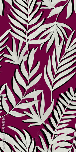 Seamless pattern with tropical plants in stylish colors with a textured animal background. Textile design, graphic design