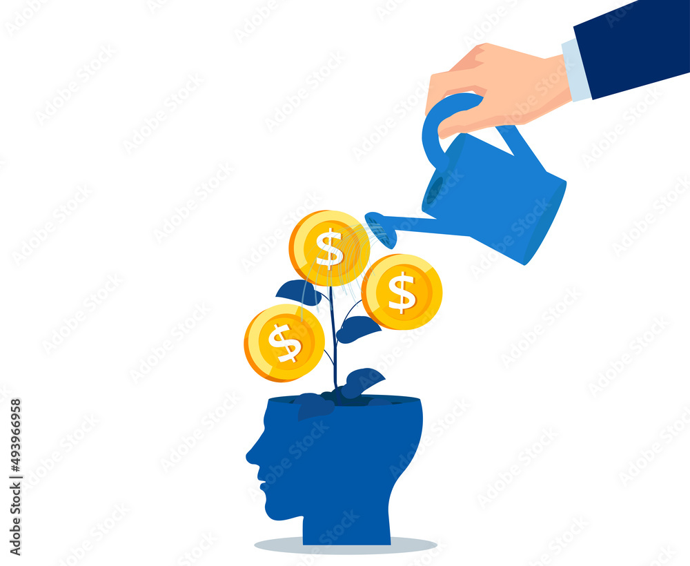 Vector of a business man hand watering a money tree growing inside an ...