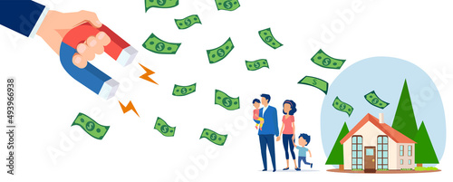 Vector of a big business man hand with magnet attracting money from a family home