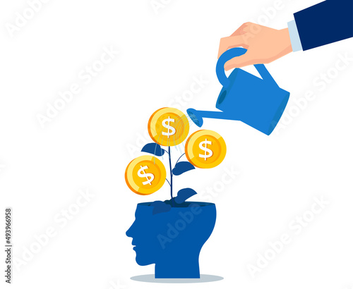 Vector of a business man hand watering a money tree growing inside an investor head