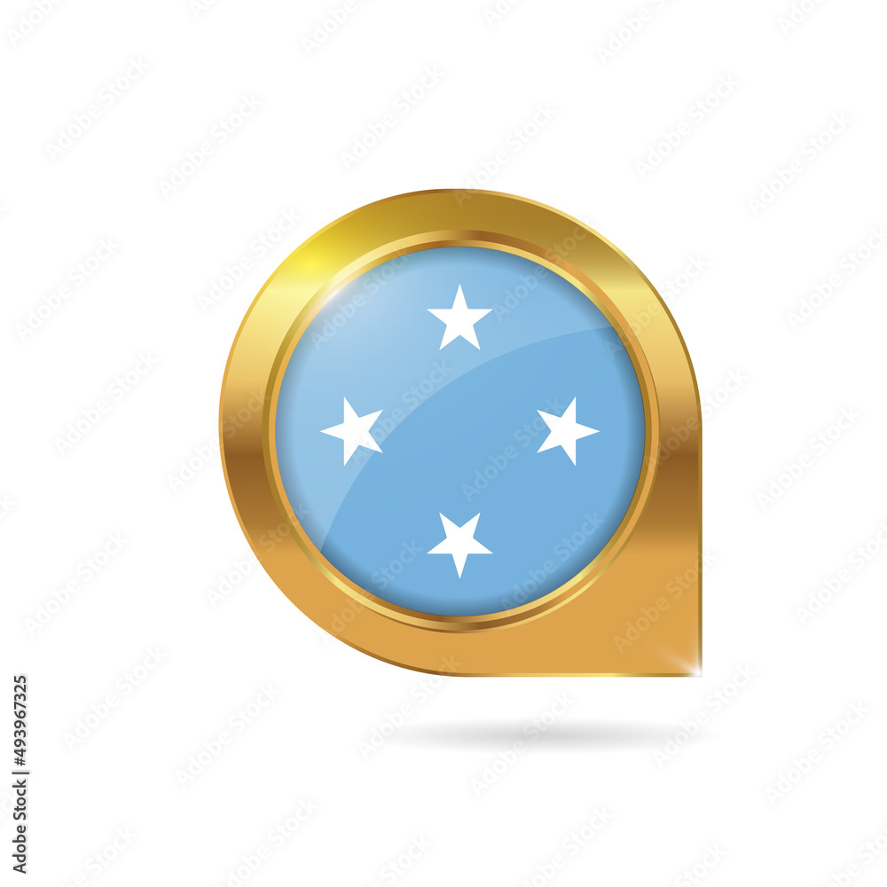 Flag of Micronesia, location map pin, pointer flag, button with the reflection of light and shadow, gold frame, Icon country. Realistic vector illustration on white background Flag of Micronesia, location map pin, pointer flag, button with the reflection of light and shadow, gold frame, Icon country. Realistic vector illustration on white background