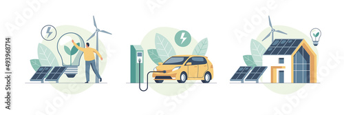 Environmental care and use clean green energy from renewable sources concept. Modern eco house with windmills and solar energy panels, electric car near charging station. Vector illustration.